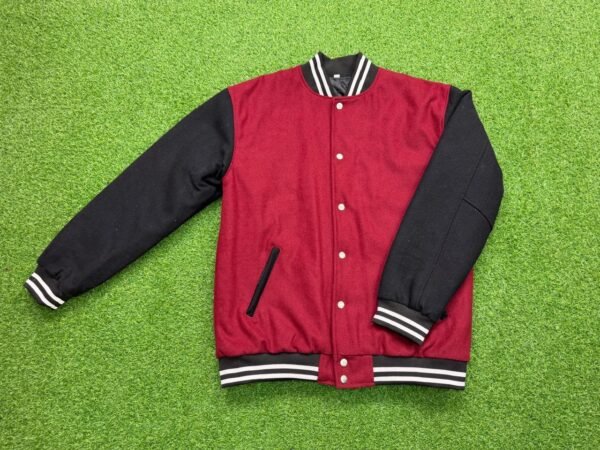 Red and black varsity jacket front view
