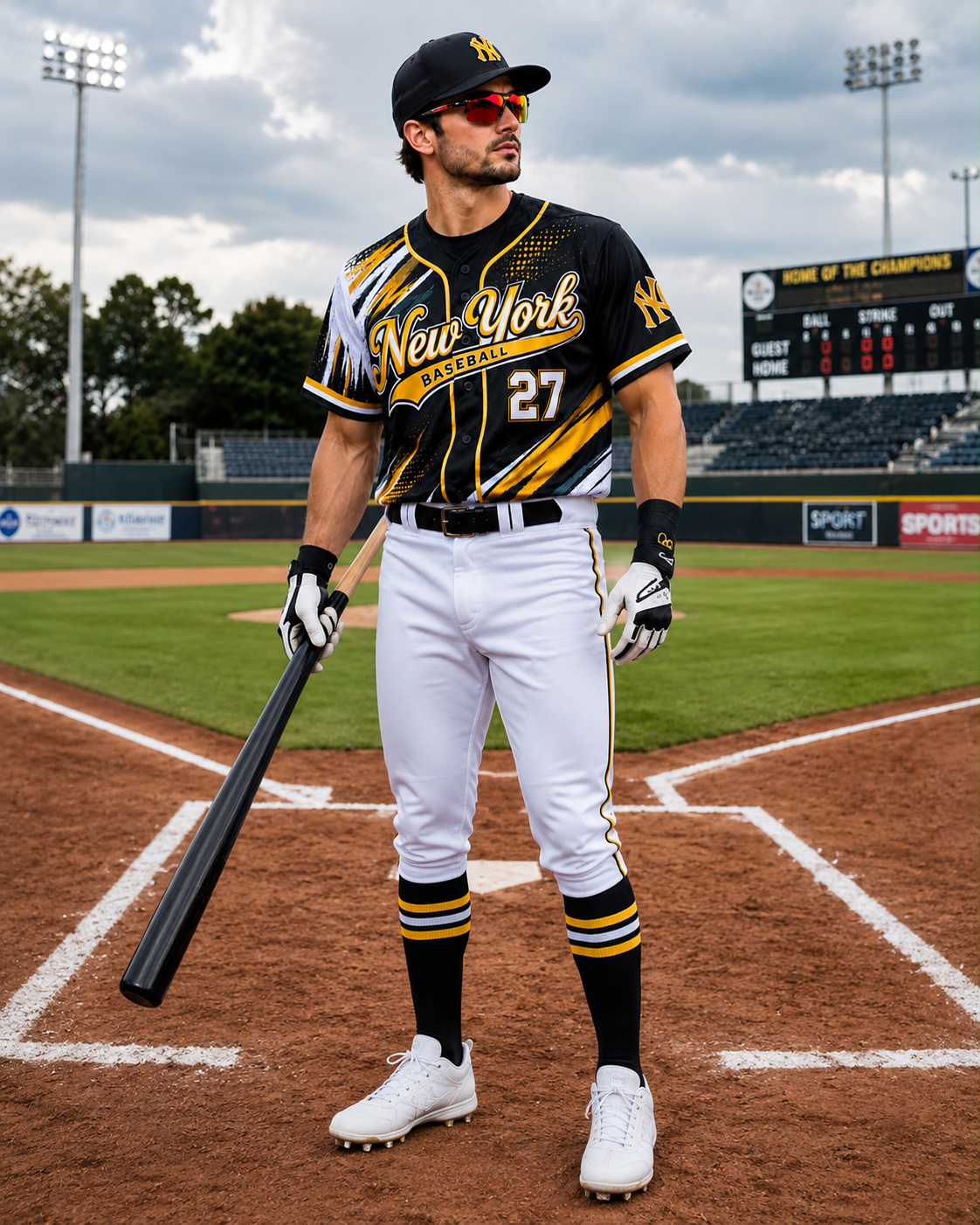 Custom Baseball Uniform Black Gold custom baseball uniform worn by baseball player
