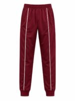 Burgundy women's track pants with white stripe
