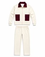 Cream and burgundy women's two piece tracksuit set