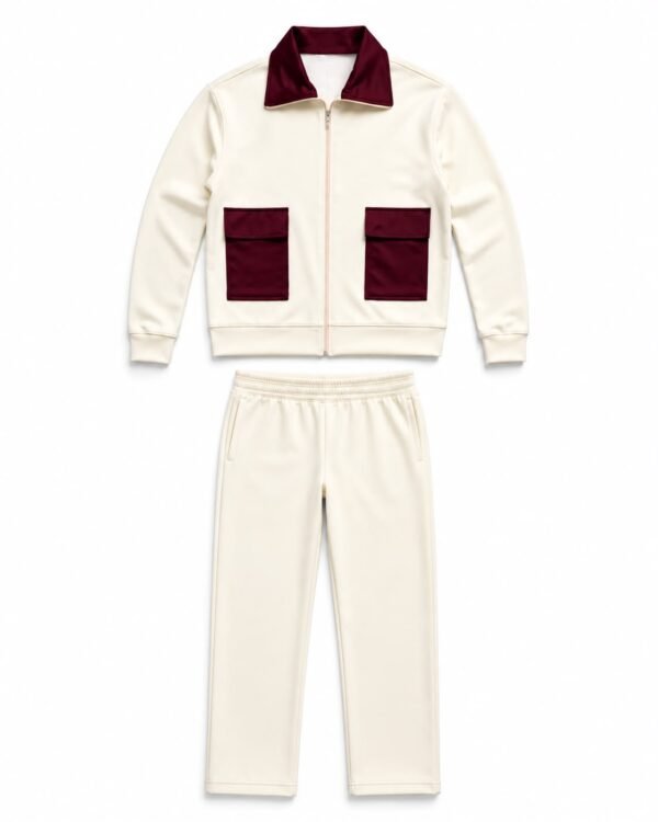 Cream and burgundy women's two piece tracksuit set