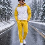 Men's Mustard Yellow & White Color Block Hoodie Tracksuit