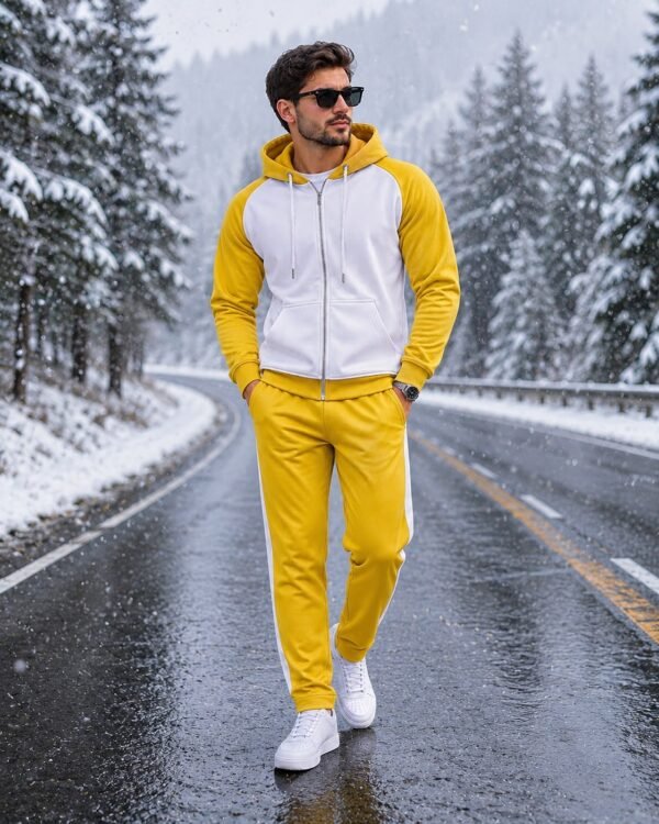 Men's Mustard Yellow & White Color Block Hoodie Tracksuit