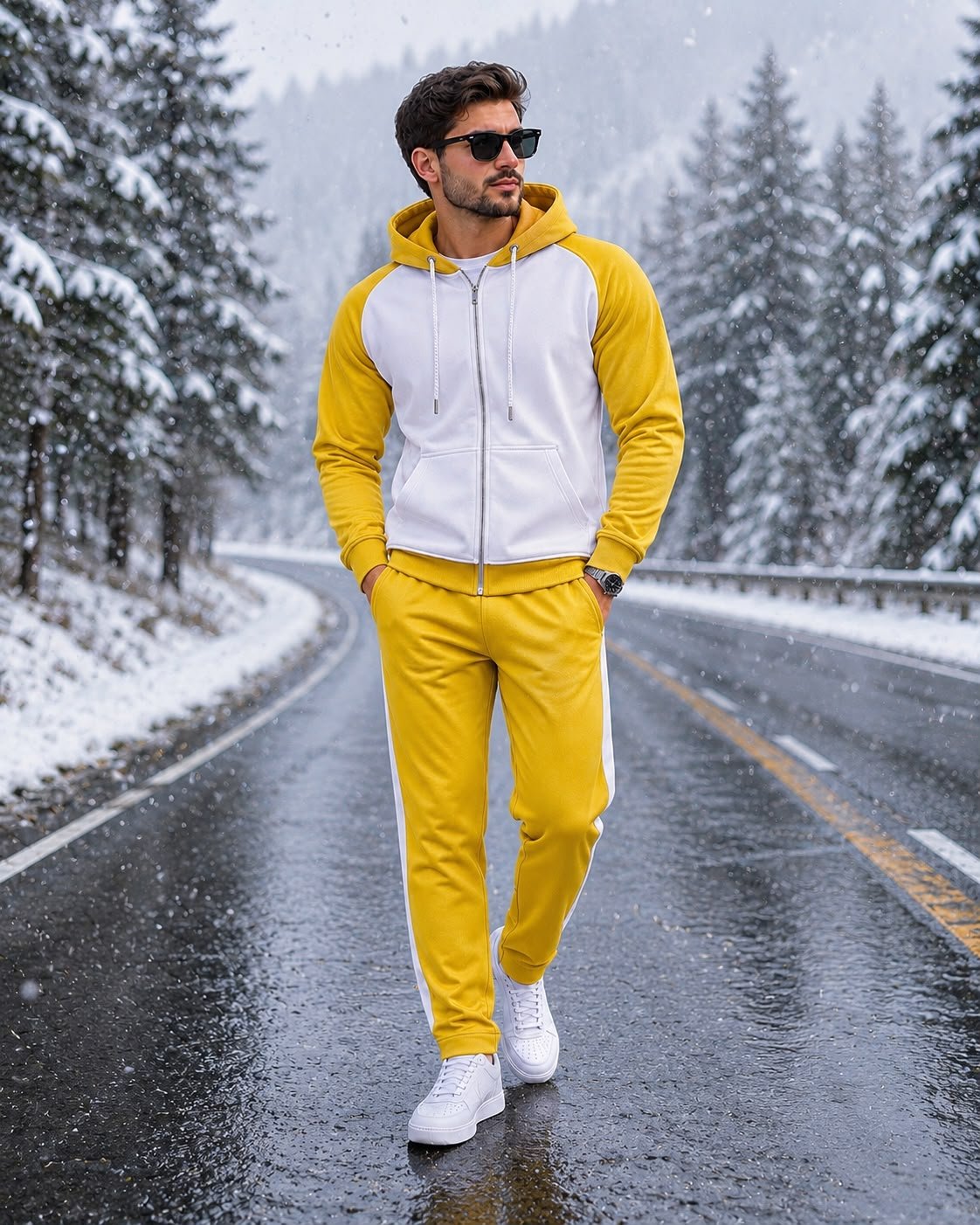 Men's Mustard Yellow & White Color Block Hoodie Tracksuit Men's Mustard Yellow & White Color Block Hoodie Tracksuit