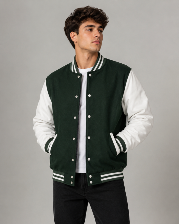 green and white varsity jacket
