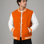 orange and white varsity jacket