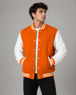 orange and white varsity jacket