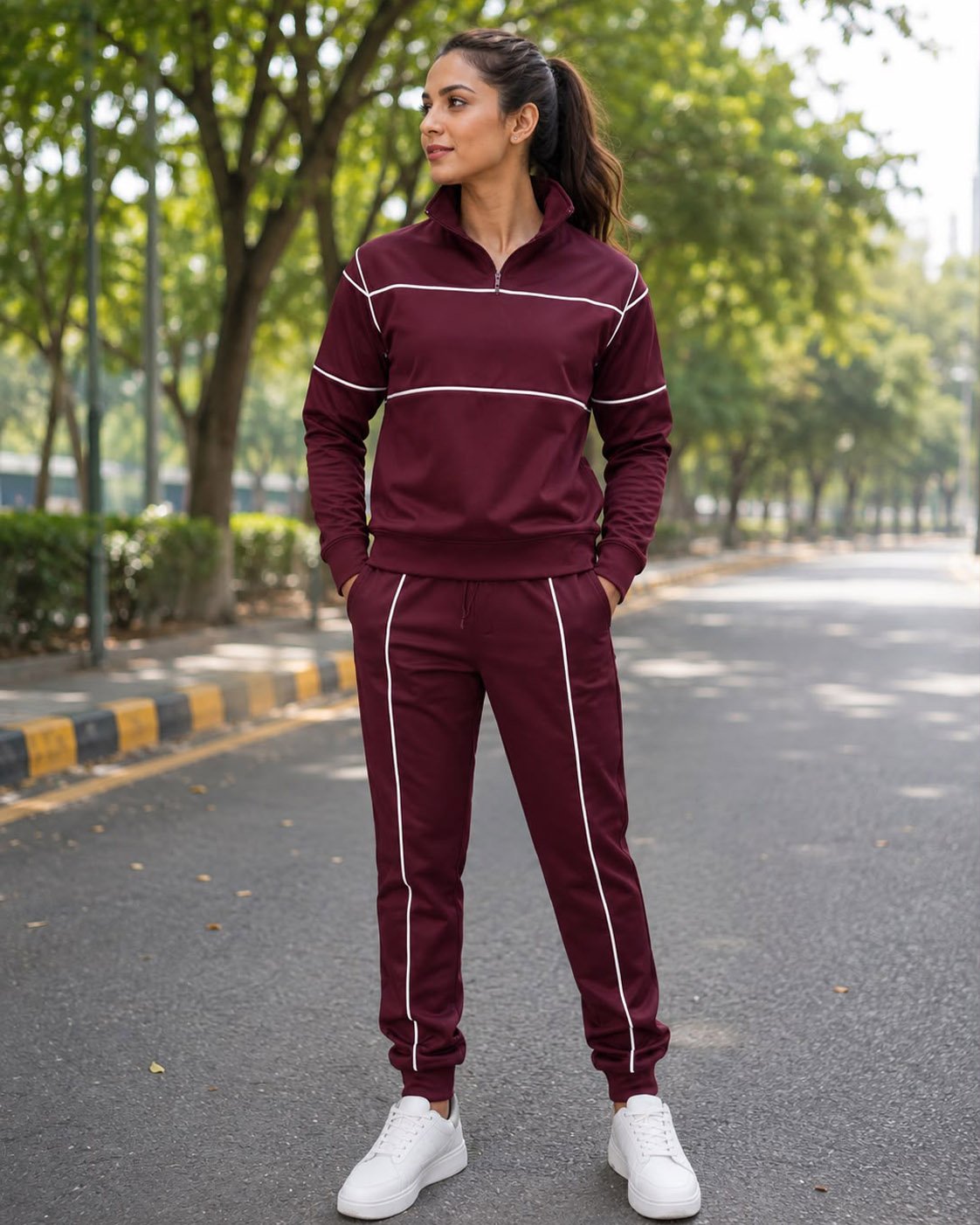 women Wearing White Strip Brown Tracksuit Women Wearing White Strip Brown Tracksuit